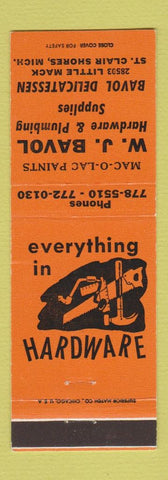 Matchbook Cover - WJ Bavol Hardware Plumbing Supply Deli ST Clair Shores MI