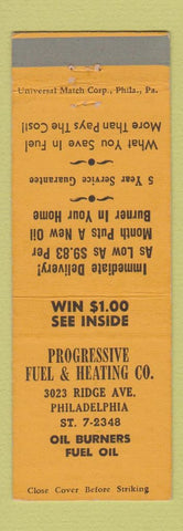 Matchbook Cover - Progressive Fuel and Heating Philadelphia PA