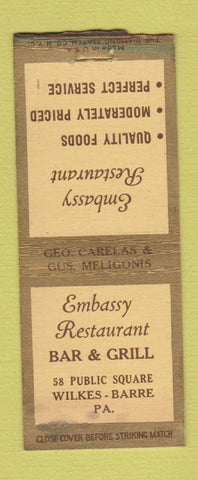 Matchbook Cover - Embassy Restaurant Wilkes Barre PA BOBTAIL