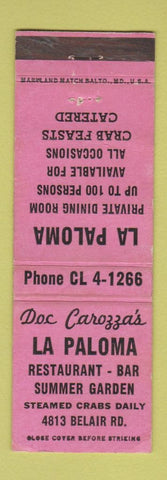 Matchbook Cover - Doc Carozza's La Paloma Restaurant WORN