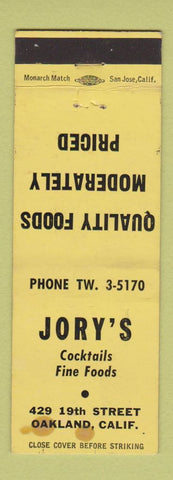 Matchbook Cover - Jory's Restaurant Oakland CA STAINED