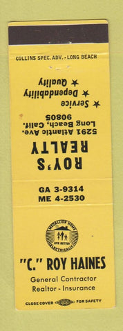 Matchbook Cover - C Roy Haines Contractor Roy's Real Estate Long Beach CA