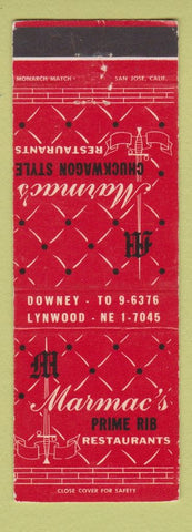 Matchbook Cover - Marmac's Prime Rib Restaurant Downey Lynwood CA #3 RED