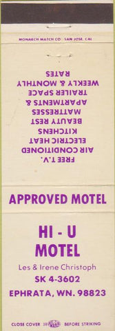 Matchbook Cover - Hi U Motel Ephrata WA
