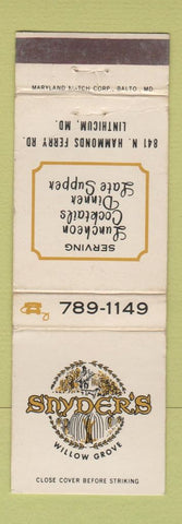 Matchbook Cover - Snyder's Willow Grove Restaurant Linthicum MD WEAR