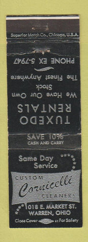 Matchbook Cover - Cornicelli Cleaners Tuxedo Rentals Warren OH #2 WEAR