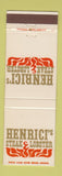 Matchbook Cover - Henrici's Steak Northbrook Arlington Heights Niles Chicago IL