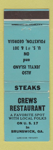 Matchbook Cover - Crews Restaurant Brunswick GA BLUE WEAR