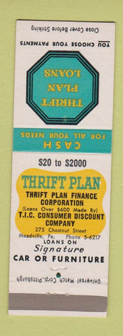 Matchbook Cover - Thrift Plan Loans Meadville PA