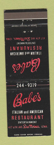 Matchbook Cover - Babe's Italian Restaurant Des Moines IA
