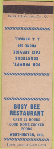 Matchbook Cover - Busy Bee Restaurant Worthington IN