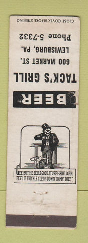 Matchbook Cover - Tack's Grill Lewisburg PA WORN WHITE