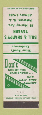 Matchbook Cover - Bill & Chappy's Tavern Paterson NJ