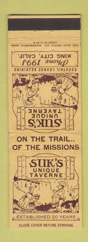 Matchbook Cover - Suk's Taverne King City CA