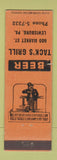 Matchbook Cover - Tack's Grill Lewisburg PA ORANGE