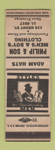 Matchbook Cover - Philip & Son Men's Clothes  Adam Hats Union Work Clothes