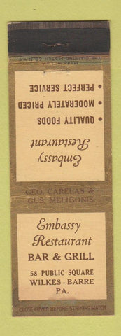 Matchbook Cover - Embassy Restaurant Bar Grill Wilkes Barre PA WEAR