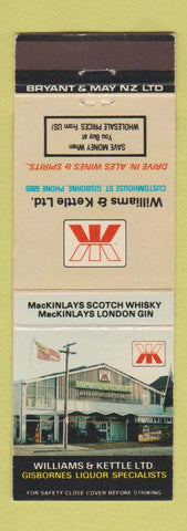 Matchbook Cover - Williams and Kettle Liquor Gisbornes New Zealand