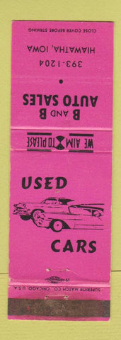 Matchbook Cover - B&B Auto Sales Hiawatha IA WEAR