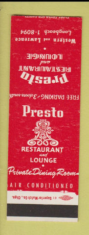Matchbook Cover - Presto Restaurant Lounge Chicago IL SAMPLE