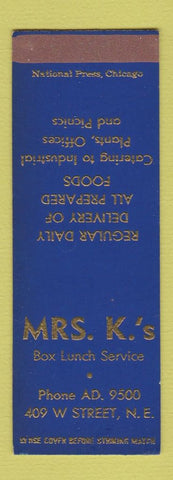 Matchbook Cover - Mrs K's Restaurant  SAMPLE