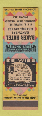 Matchbook Cover - Baker Hotel Deming NM low phone # owl