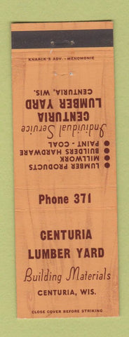 Matchbook Cover - Centuria Lumber Yard WI low phone #