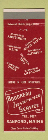 Matchbook Cover - Boudreau Insurance Service Sanford ME low phone #