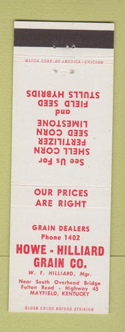 Matchbook Cover - Howe Hilliard Grain seed Mayfield KY low phone #