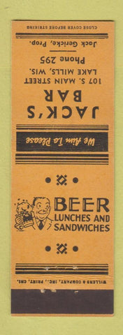 Matchbook Cover - Jack's Bar Lake Mills WI low phone #