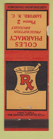 Matchbook Cover - Coles Pharmacy Drug Sanford NC low phone # WEAR
