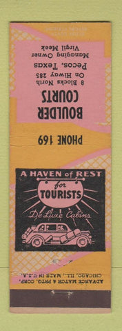 Matchbook Cover - Boulder Courts Motel Pecos TX low phone # ADVANCE