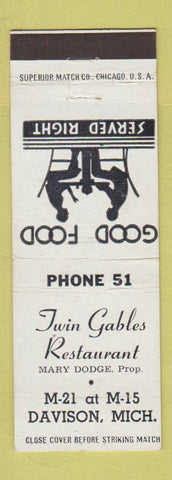 Matchbook Cover - Twin Gables Restaurant Davison MI low phone #