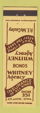 Matchbook Cover - Whitney Insurance Agency Atlantic IA low phone # RE McCauley