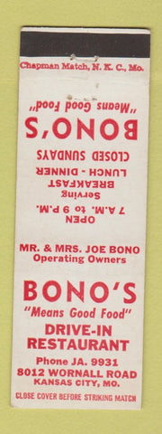 Matchbook Cover - Bono's Drive In Restaurant Kansas City MO
