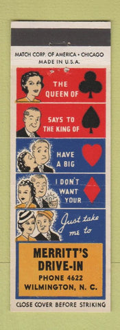 Matchbook Cover - Merritt's Drive In Restaurant Wilmongton NC low phone #