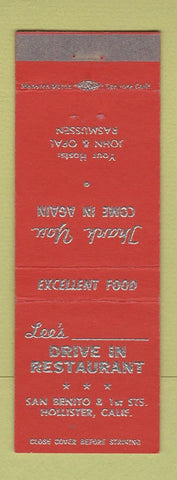 Matchbook Cover - Lee's Drive In Restaurant Hollister CA