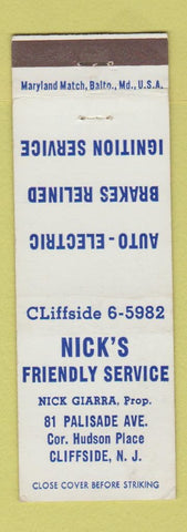 Matchbook Cover - Nick's Friendly Service Cliffside NJ auto repair