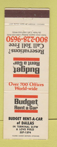 Matchbook Cover - Budget Car Rentals Dallas TX Love Field