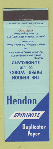 Matchbook Cover - Hendon Paper Works Sunderland UK England London Manchester