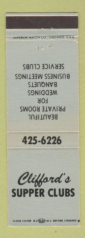 Matchbook Cover - Clifford's Supper Clubs Muskego Lake Beulah Hales Corners WI