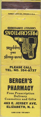 Matchbook Cover - Berger's Pharmacy Elizabeth NJ yellow WORN