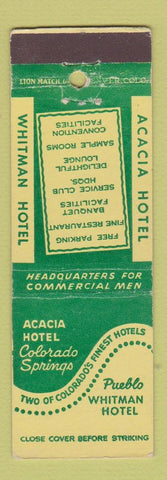 Matchbook Cover - Acacia Hotel Colorado Springs Whitman Hotel Pueblo