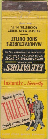 Matchbook Cover - Elevators Shoe Lifts Rochester NY CREASES