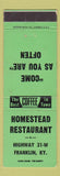 Matchbook Cover - Homestead Restaurant Franklin KY