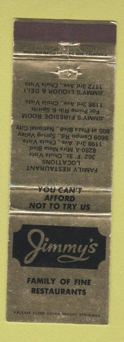 Matchbook Cover - Jimmy's Restaurants Chula Vista National City Spring Valley CA