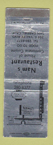 Matchbook Cover - Nam's Restaurant San Gabriel CA Chinese WEAR