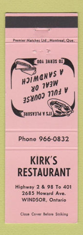Matchbook Cover - Kirk's Restaurant Windsor ON