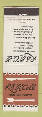 Matchbook Cover - RS McColl Restaurant Manchester Preston Chester Birmingham UK