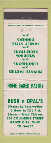 Matchbook Cover - Rush n Opal's Restaurant Grove City OH WORN